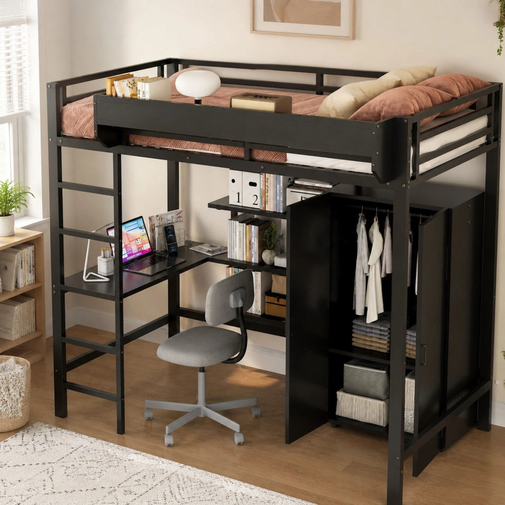 Letto a castello in metallo e legno nero 90x200 cm con tavolo, armadio e scala a 5 gradini