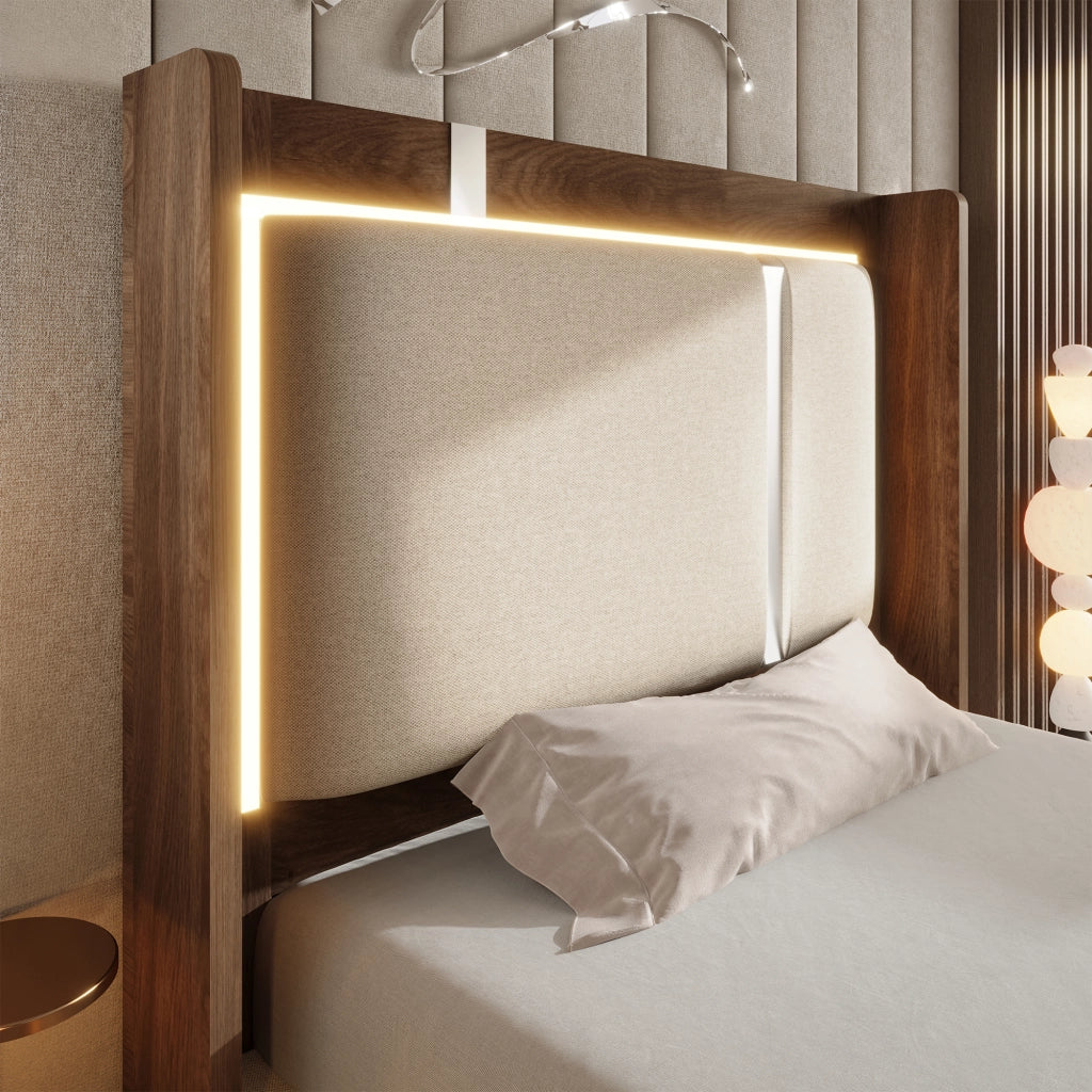 DESMIU Letto contenitore 90 × 200 cm 1 posto con LED, sollevamento idraulico e senza materasso, in lino, beige