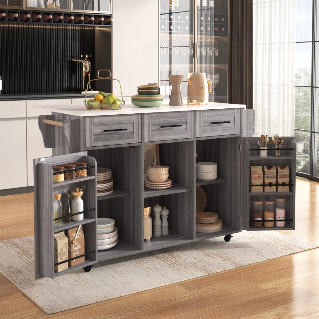Carrello da cucina con piano ribaltabile 3 cassetti e 3 vani con ripiani regolabili per cucina in MDF grigio