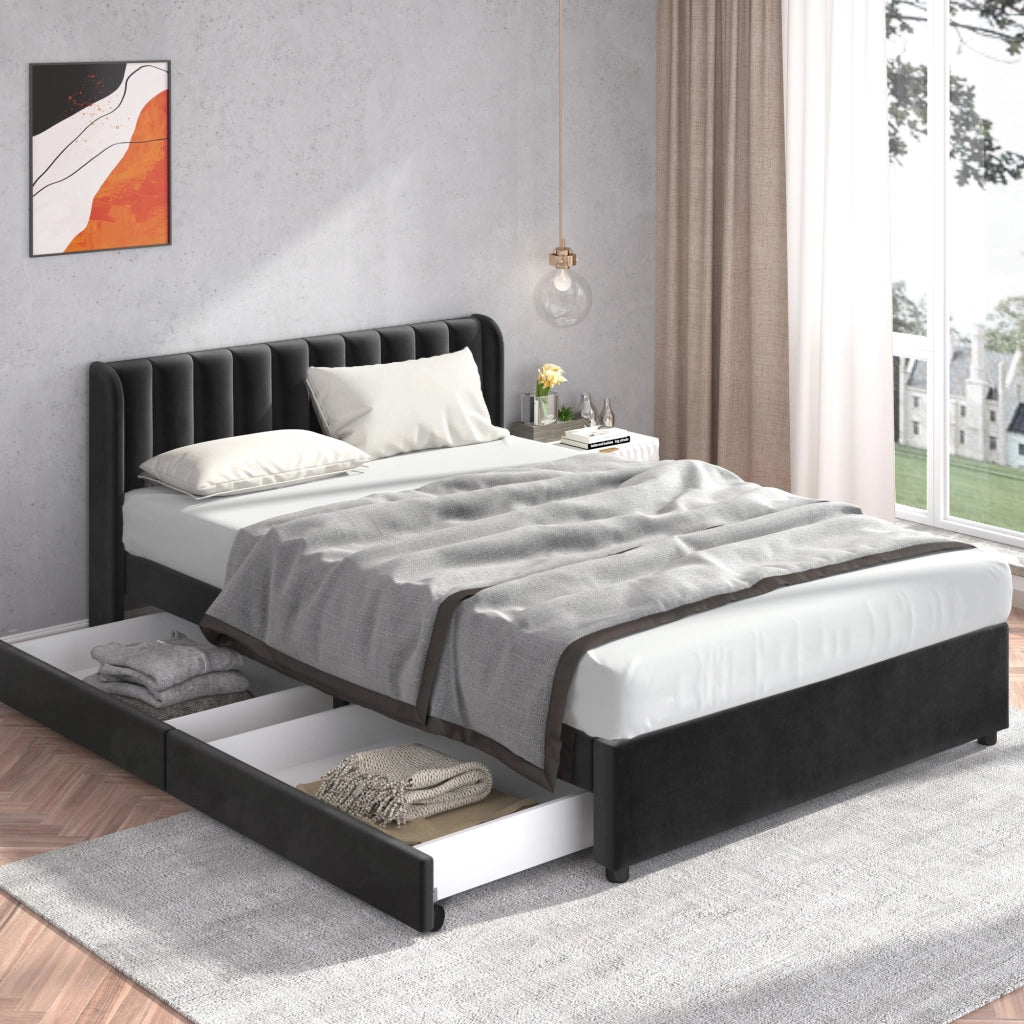 LETTO con rete a doghe e cassetti 140x200 cm in velluto nero