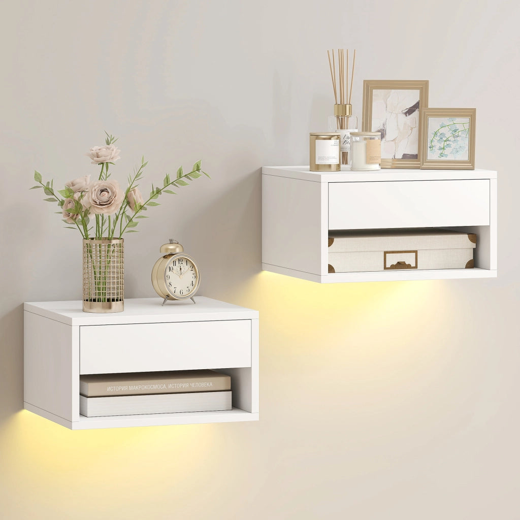 Set 2 comodini sospesi LED RGB con app, cassetto, ripiano, 37x32x21cm ¨C Xylo ¨C Bianco