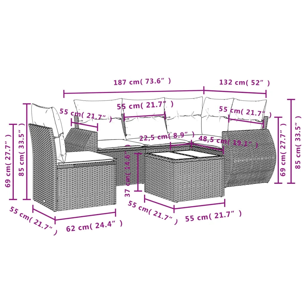 Set Divano da Giardino 6 pz con Cuscini Nero in Polyrattan 3221374