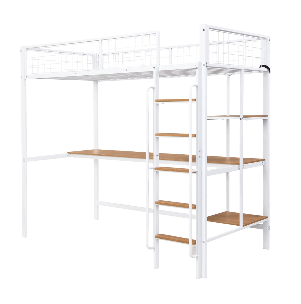 Letto a soppalco 90x200 cm con scrivania e scaffali in metallo e legno bianco e naturale