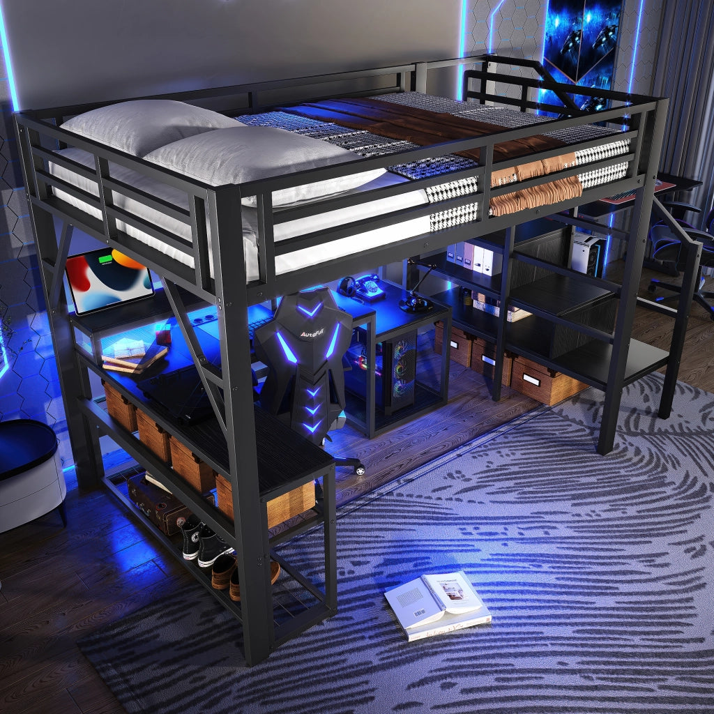 LETTO A SOPPALCO 140 x 200 cm in metallo nero con scrivania, LED e USB