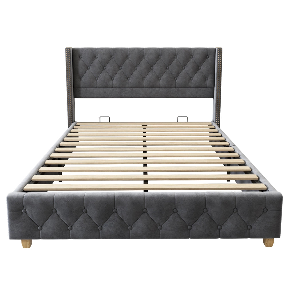 OKWISH Letto Imbottito 160×200 cm, Letto Matrimoniale con Testiera Trapuntata, Borchie Decorative e Piedi in Legno, senza Materasso, Grigio