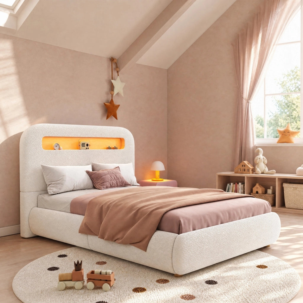 DESMIU Letto bambino 90 × 200 cm con contenitore idraulico, LED, senza materasso, in bouclé bianco
