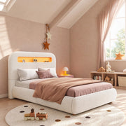 DESMIU Letto bambino 90 × 200 cm con contenitore idraulico, LED, senza materasso, in bouclé bianco