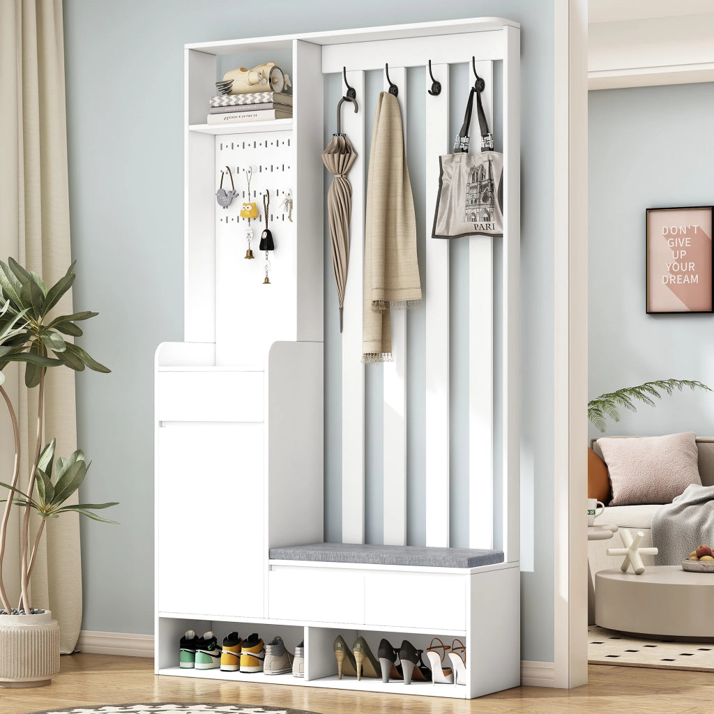 Scarpiera Panca Ingresso con Appendiabiti e Ganci ¨C MINIMAL ¨C Bianco, 4 Ganci, H180xL100xP35 cm