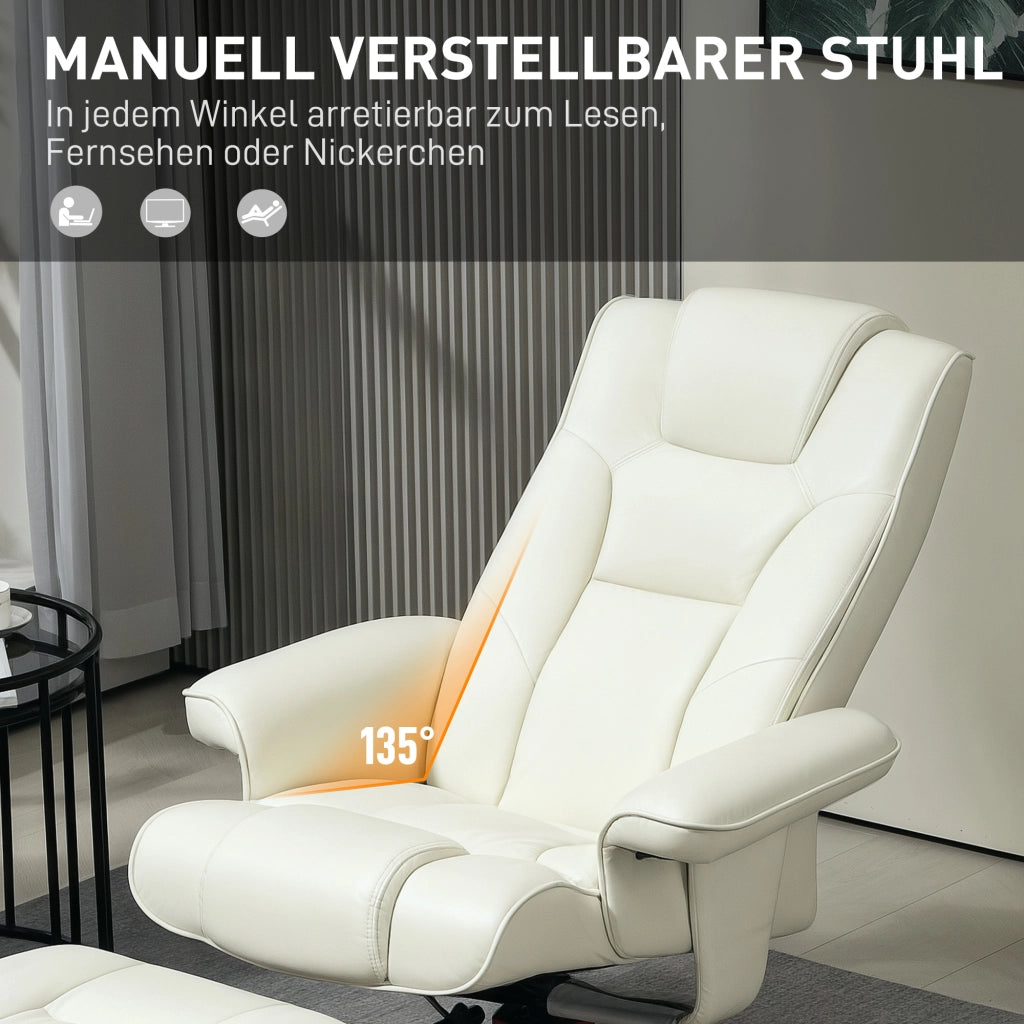 POLTRONA Relax con sgabello 84x84x104 cm Pelle rigenerata Bianco crema Set 2 pezzi