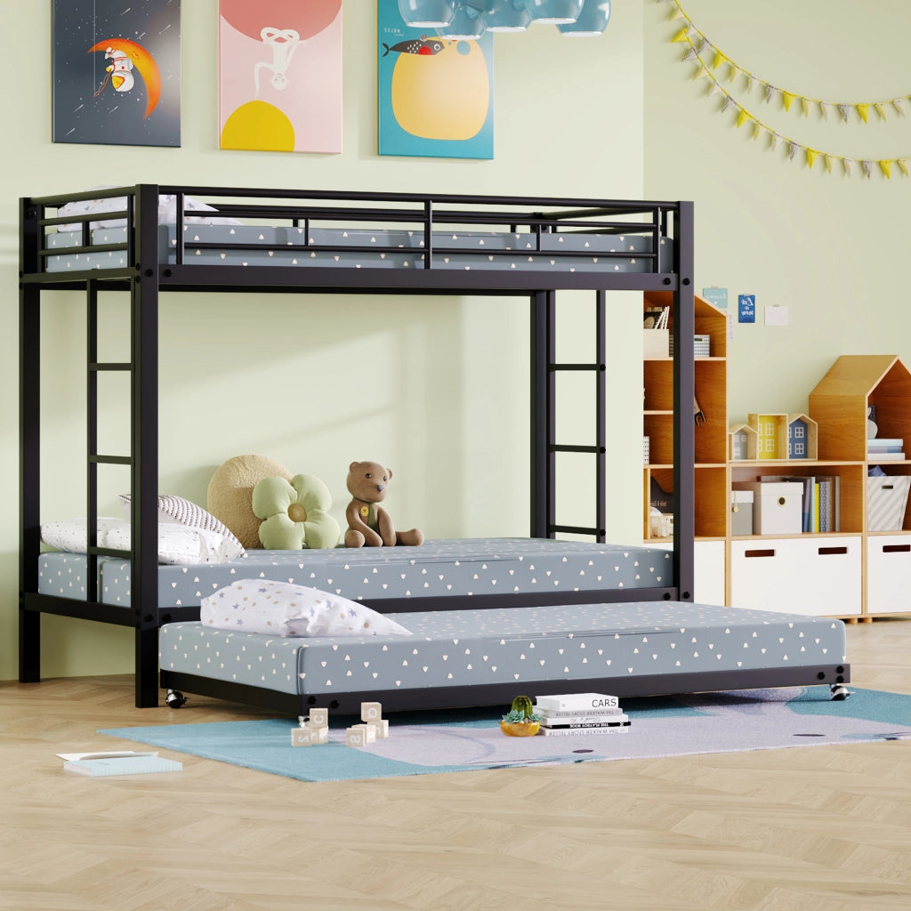 Letto a castello in metallo con letto estraibile; sponde alte e doghe; certificato EN747; nero; 90x200 cm