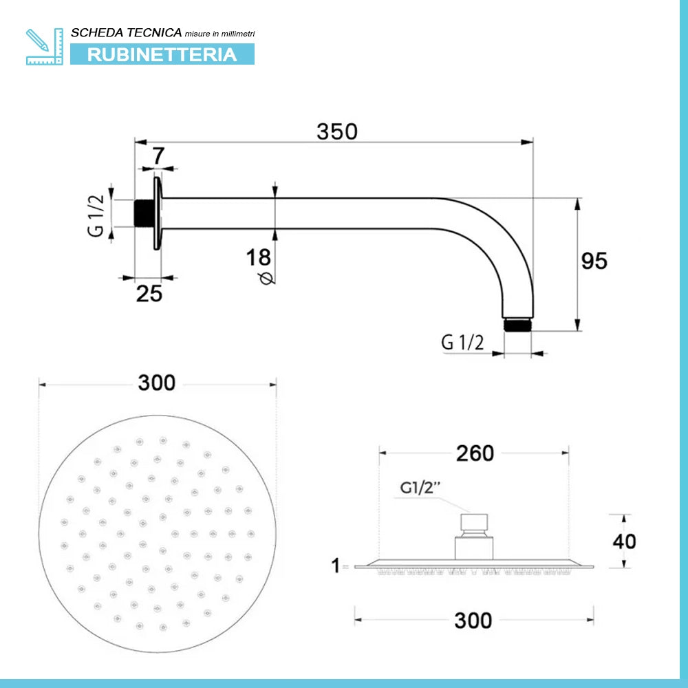 Set doccia nero opaco con braccio 35cm, soffione 30cm e miscelatore linea Flat