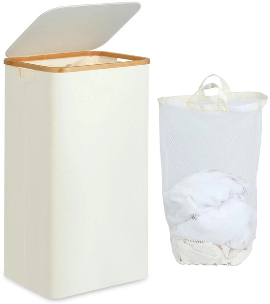 Polveriera con coperchio - 100 litri - beige - maniglia in bambù