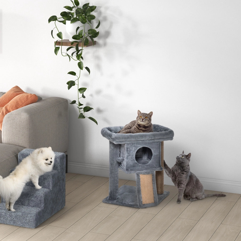 Albero Tiragraffi con Lettino e Casetta in Peluche 40x40x57 cm Tiragraffi in Juta Grigio