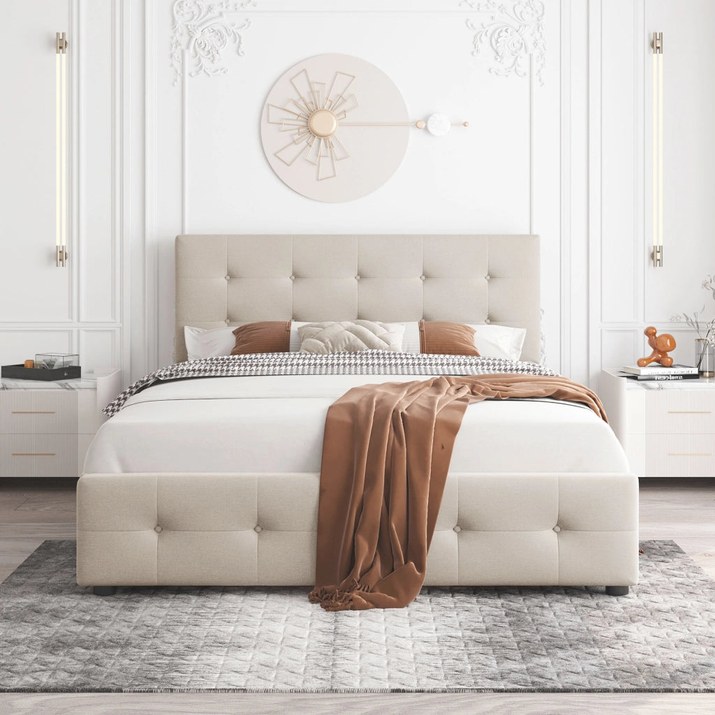 DESMIU Letto matrimoniale 140 × 200 cm 2 posti con 4 cassetti contenitori, senza materasso, in velluto, beige