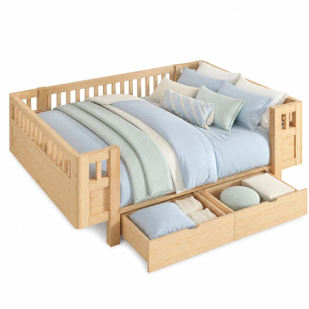 Letto per bambini singolo 90×200 cm con barriera di sicurezza e 2 cassetti; senza materasso; legno e MDF