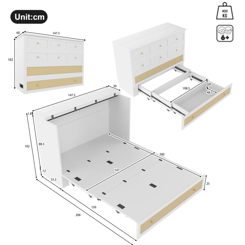 LETTO Convertibile 140x200 cm MDF Bianco con USB e presa