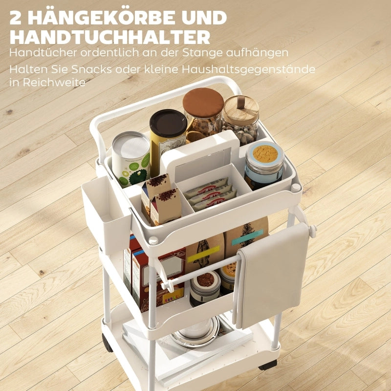 Carrello da cucina con 3 cestelli, portasciugamani e ruote, per cucina, bianco, 42 × 42,5 × 76 cm