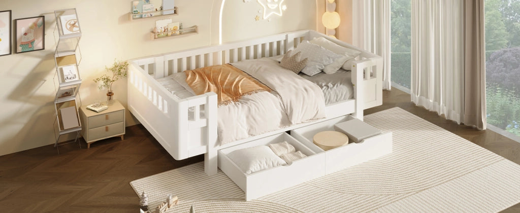 DESMIU Letto per bambini 90 × 200 cm con 2 cassetti e barriera di sicurezza, senza materasso, in legno massello, bianco