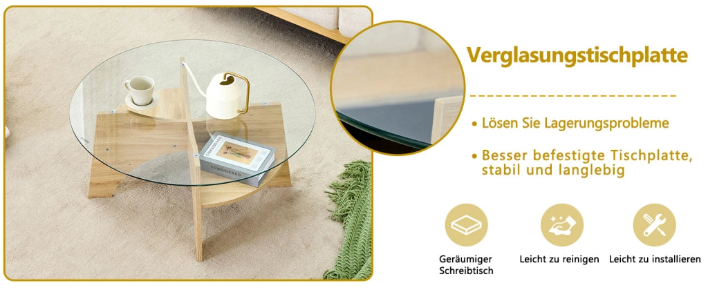 Tavolino da caff¨¨ rotondo moderno in vetro ¨C ? 80 cm con piano trasparente, design multifunzionale. Struttura a ventaglio, gambe in MDF effetto legno