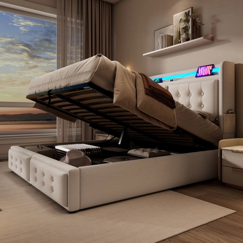 Letto Imbottito Contenitore 140x200 con Testiera LED e USB ¨C MINIMAL ¨C Beige, Cotone, Doghe in Legno