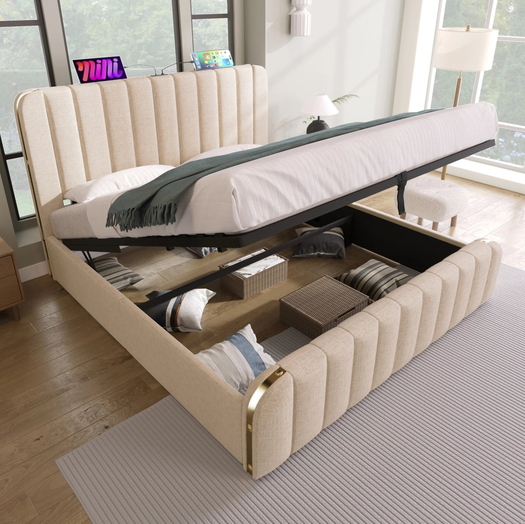 Letto matrimoniale imbottito con contenitore, USB Type-C e struttura in lino beige