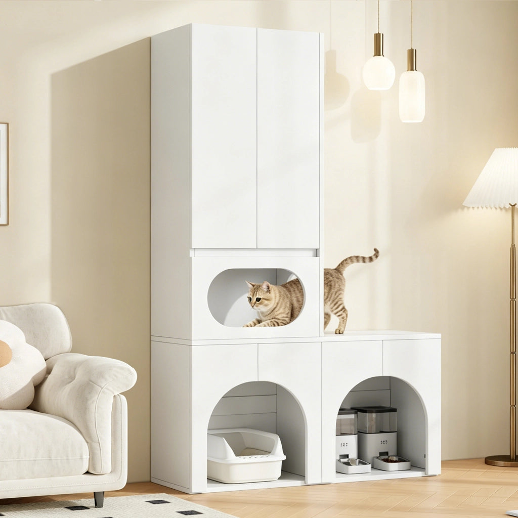 Mobile Lettiera per 2 Gatti 140×45×195 cm con Zona Relax; Armadio Contenitore e Doppio Vano; Bianco