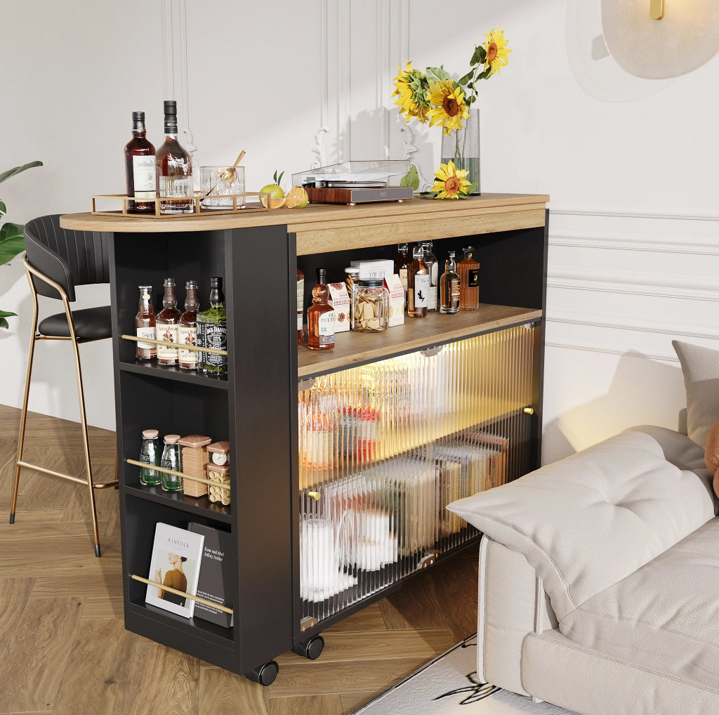 Tavolo bar 138-204x39x105 cm allungabile con contenitore e LED in MDF nero