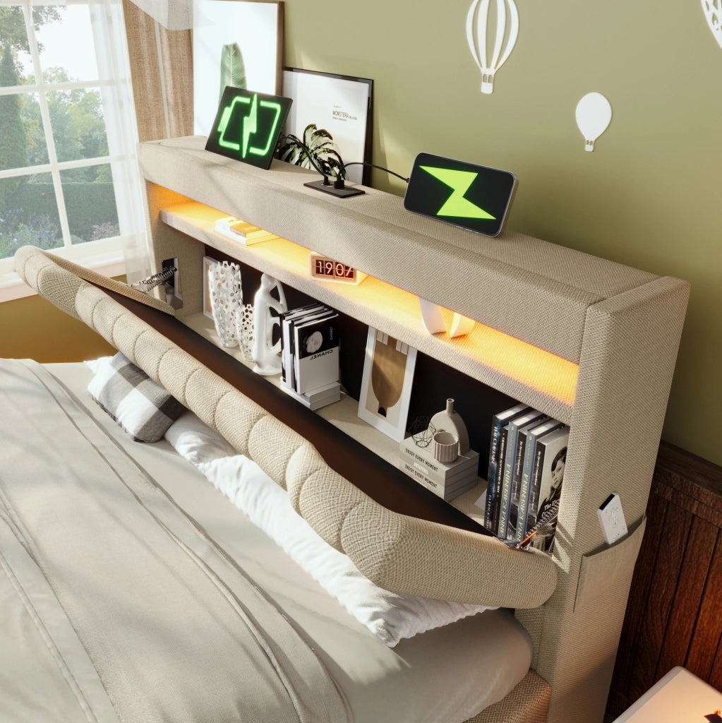 Letto matrimoniale 140x200 con LED, ricarica USB e vano contenitore