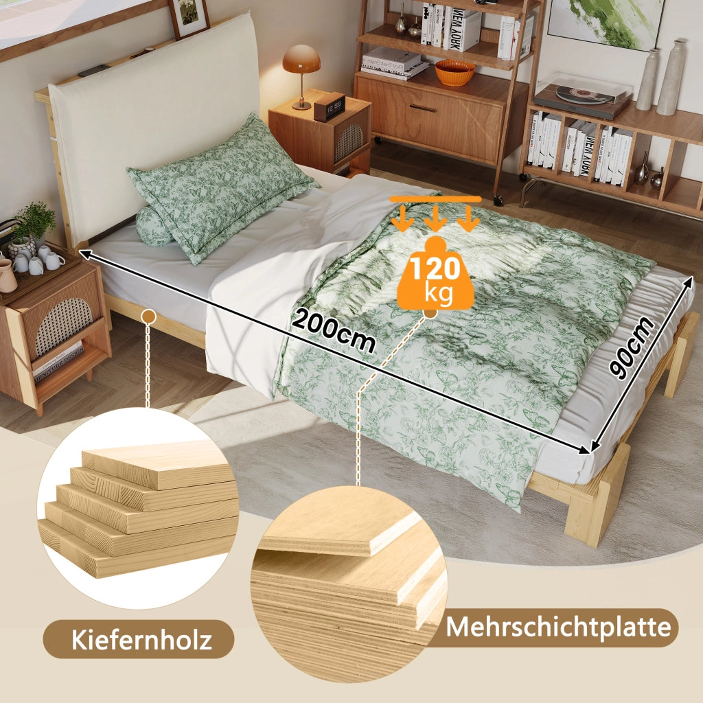 letto imbottito legno e tessuto naturale 90x200 cm