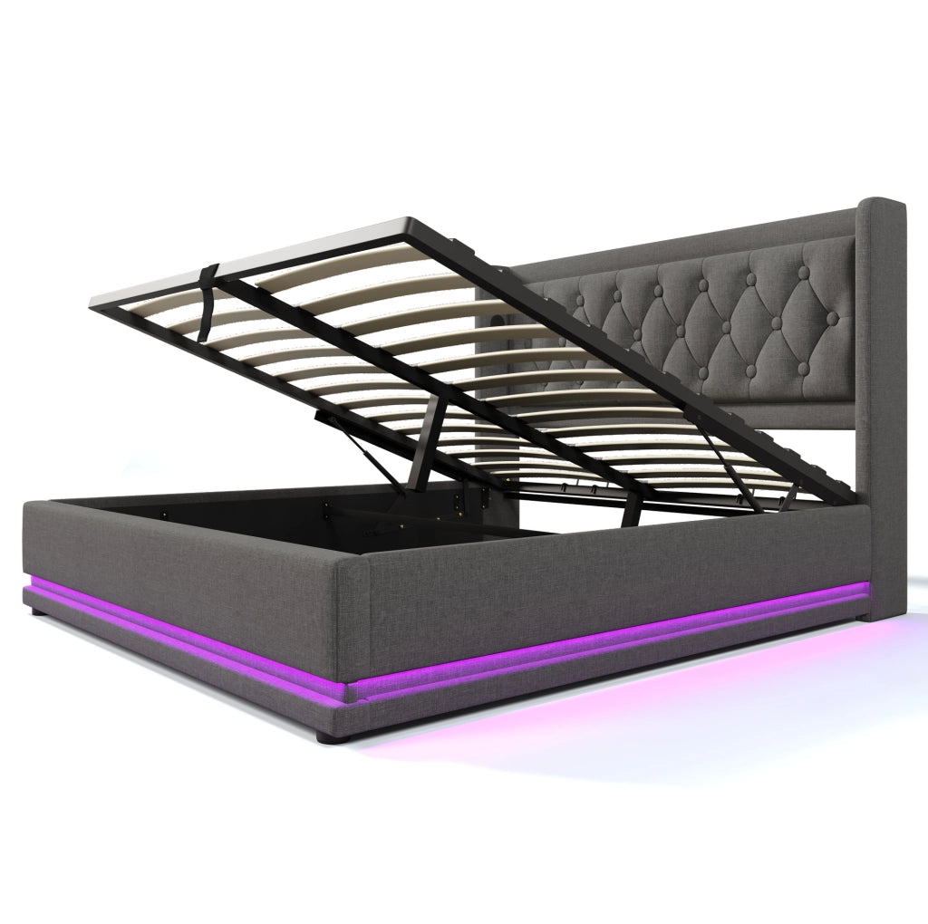 Letto imbottito 140x200 cm con materasso, contenitore, USB Type-C e LED
