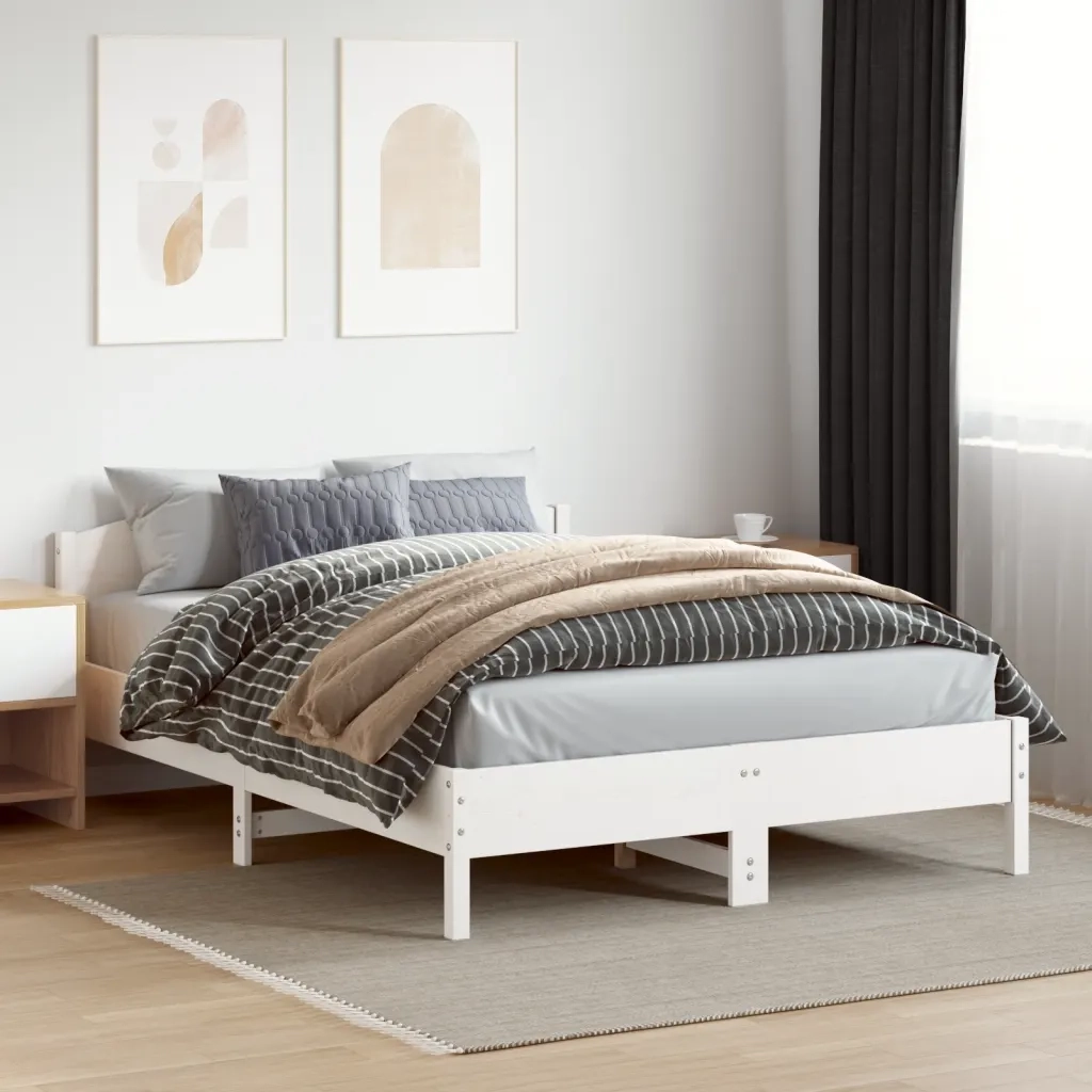 Letto matrimoniale | Letto per adulti | Giroletto senza Materasso Bianco 150x200 cm Legno Massello Pino