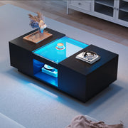 Tavolino da salotto nero con vetro e LED - Zephmum- 100x50x35,5 cm controllo app, 2 cassetti