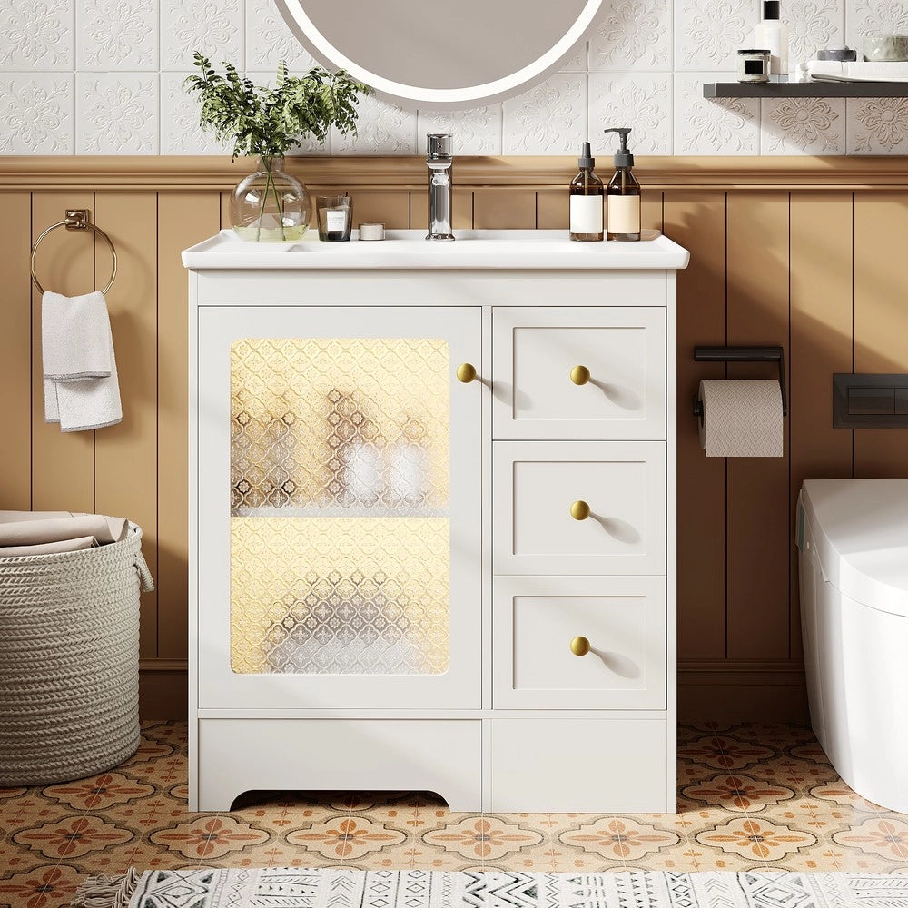 Mobile Bagno con Lavabo in Ceramica, LED e Ante a Specchio ¨C Xylo ¨C Bianco/Oro