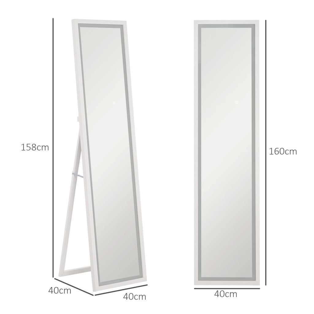 Specchio da Terra con Luci LED Regolabili. 3 Colori. 40x160 cm Specchio da Parete e Autoportante a Figura Intera in Vetro Temperato e MDF con Funzione Memory. per Soggiorno. Bianco