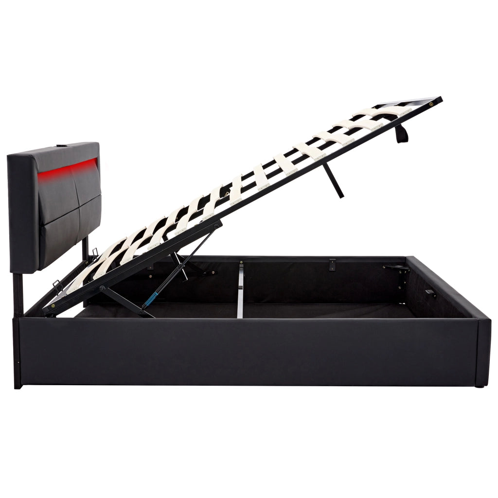 DESMIU Letto matrimoniale 140 × 190 cm 2 posti con porta USB, LED regolabile e vano contenitore, senza materasso, in PU nero