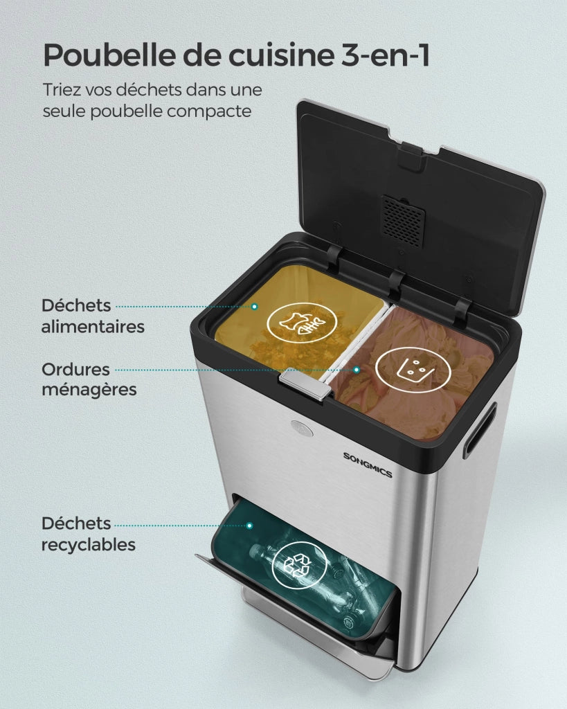 Pattumiera da cucina con capacità di 2 x 17 litri e 26 litri 3 scomparti per rifiuti domestici rifiuti alimentari e materiali riciclabili filtro al carbone pedale larga argento 12_0007244