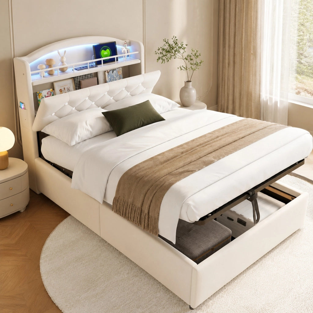 LETTO imbottito 90x200 cm in velluto beige con contenitore, LED e USB