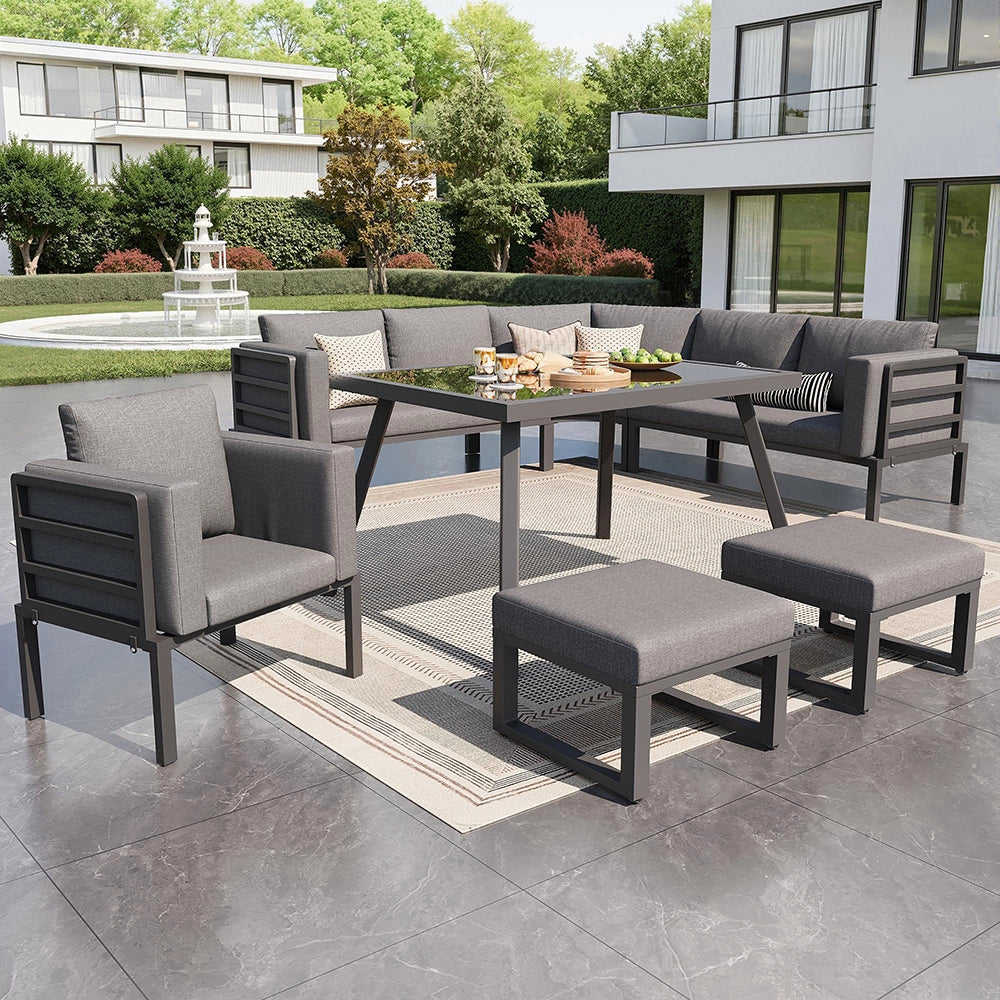 Set di sedie da giardino a mezzaluna per 8 persone - Xylo - Struttura in ferro robusta con cuscini grigi, include tavolo in vetro, 1 poltrona e 2 sgabelli, resistente alle intemperie
