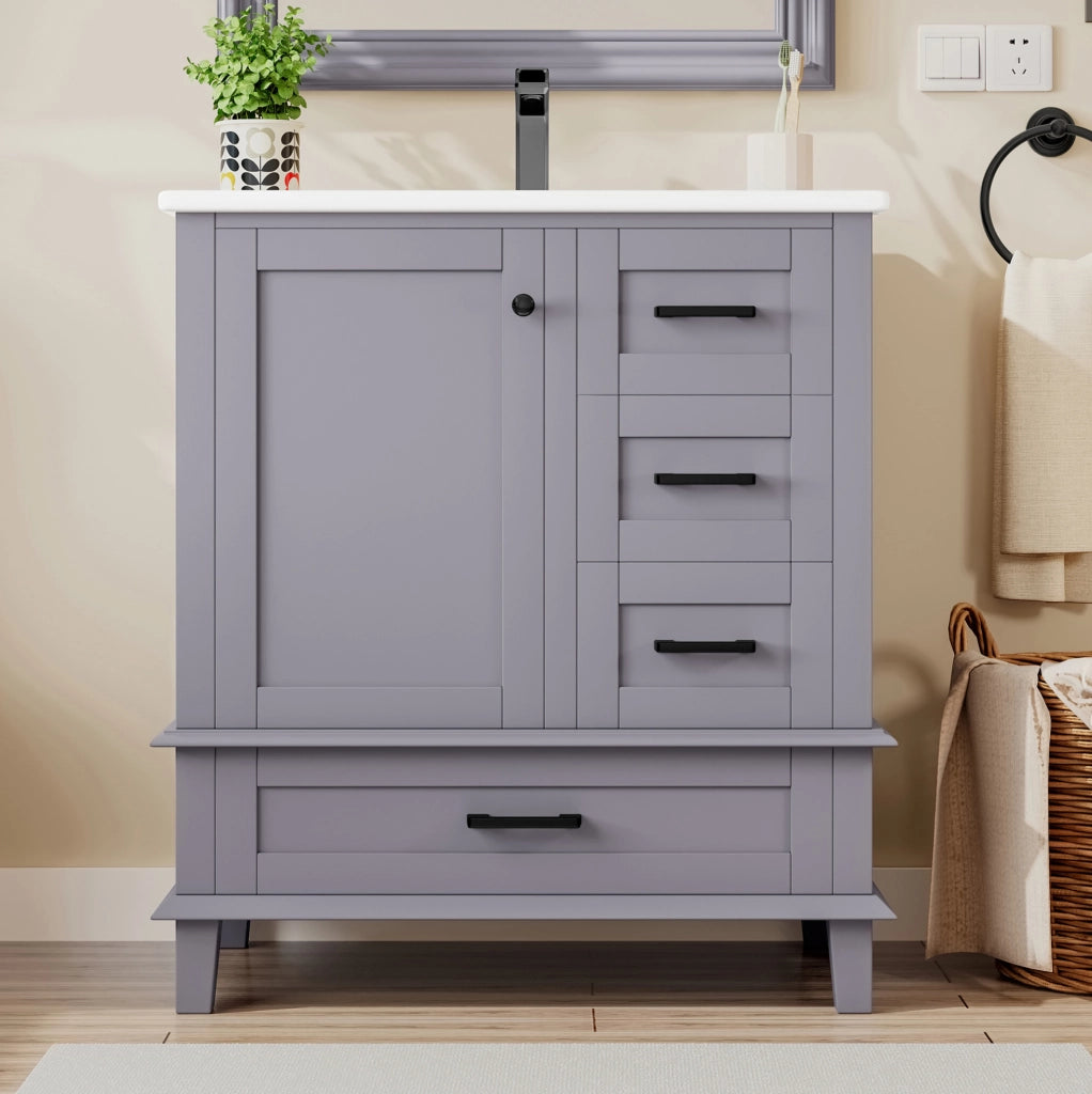 Mobile bagno con lavabo 76x46x83;5 cm con lavabo in ceramica; cassetti silenziosi; legno e MDF; grigio