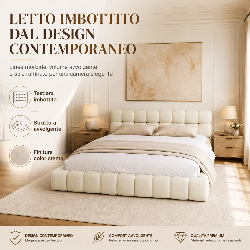Letto matrimoniale imbottito lino beige 140x200 cm, testiera morbida a pannelli, struttura robusta, design moderno per camera da letto