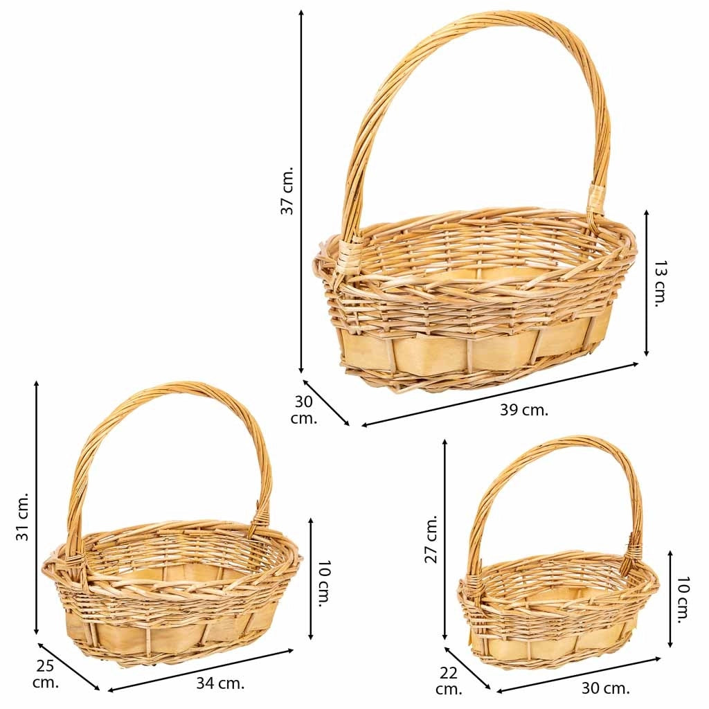 Set di 3 cestini in vimini con manici marroni