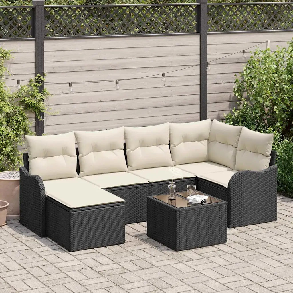 Set Divano da Giardino con cuscino 7 pcs Nero Poly Rattan