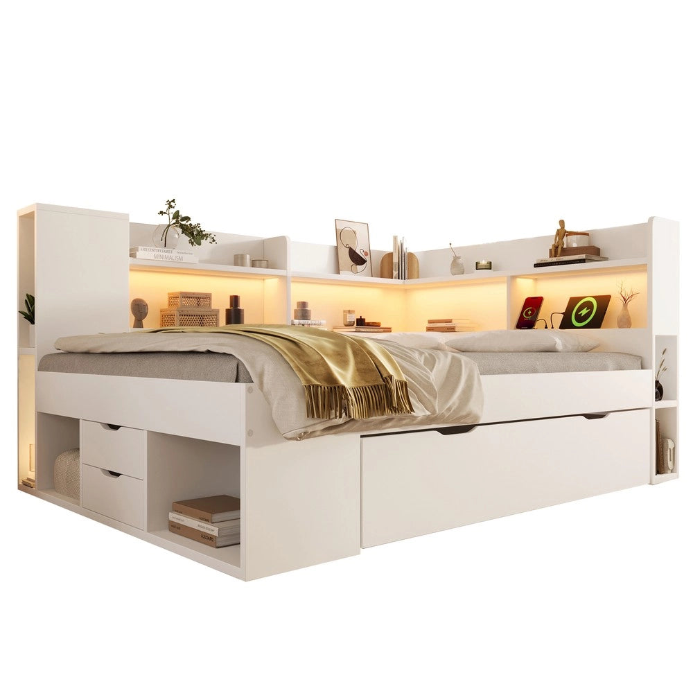 Letto Singolo con LED, USB, Cassetti e Rete a Doghe ¨C MINIMAL ¨C Bianco 90x200, con Materasso