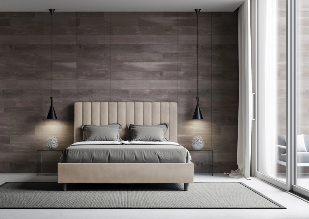 BS COM Letto matrimoniale con rete imbottito 160x200 microfibra sabbia