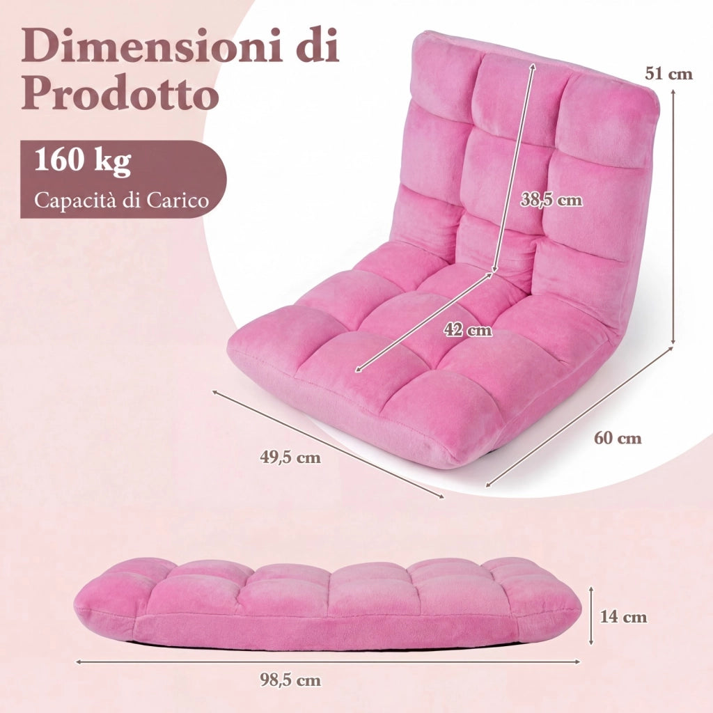 Sedia da pavimento cuscino imbottito da terra con schienale reclinabile a 14 livelli, Poltrona pieghevole per soggiorno camera da letto Rosa scuro