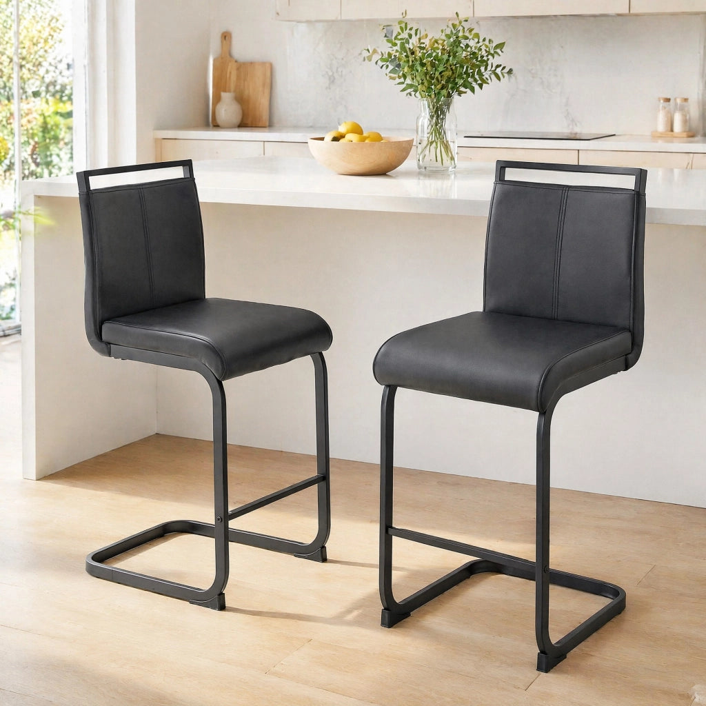 Set di 2 sgabelli da bar in PU nero con gambe in metallo nero, altezza totale 96,5 cm
