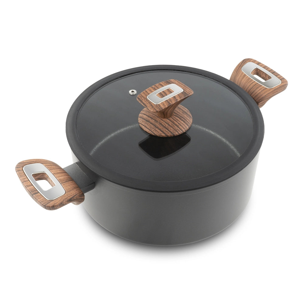 Casseruola 2 maniglie con coperchio Elegance Wood 24 cmdoppio fondo acciaio inox, manico Soft touch