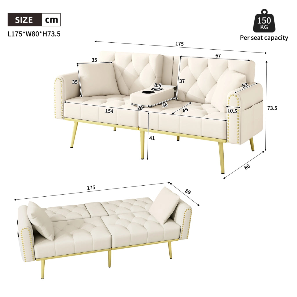 Divano letto multifunzionale in velluto beige 2 posti con schienale regolabile e portabicchieri