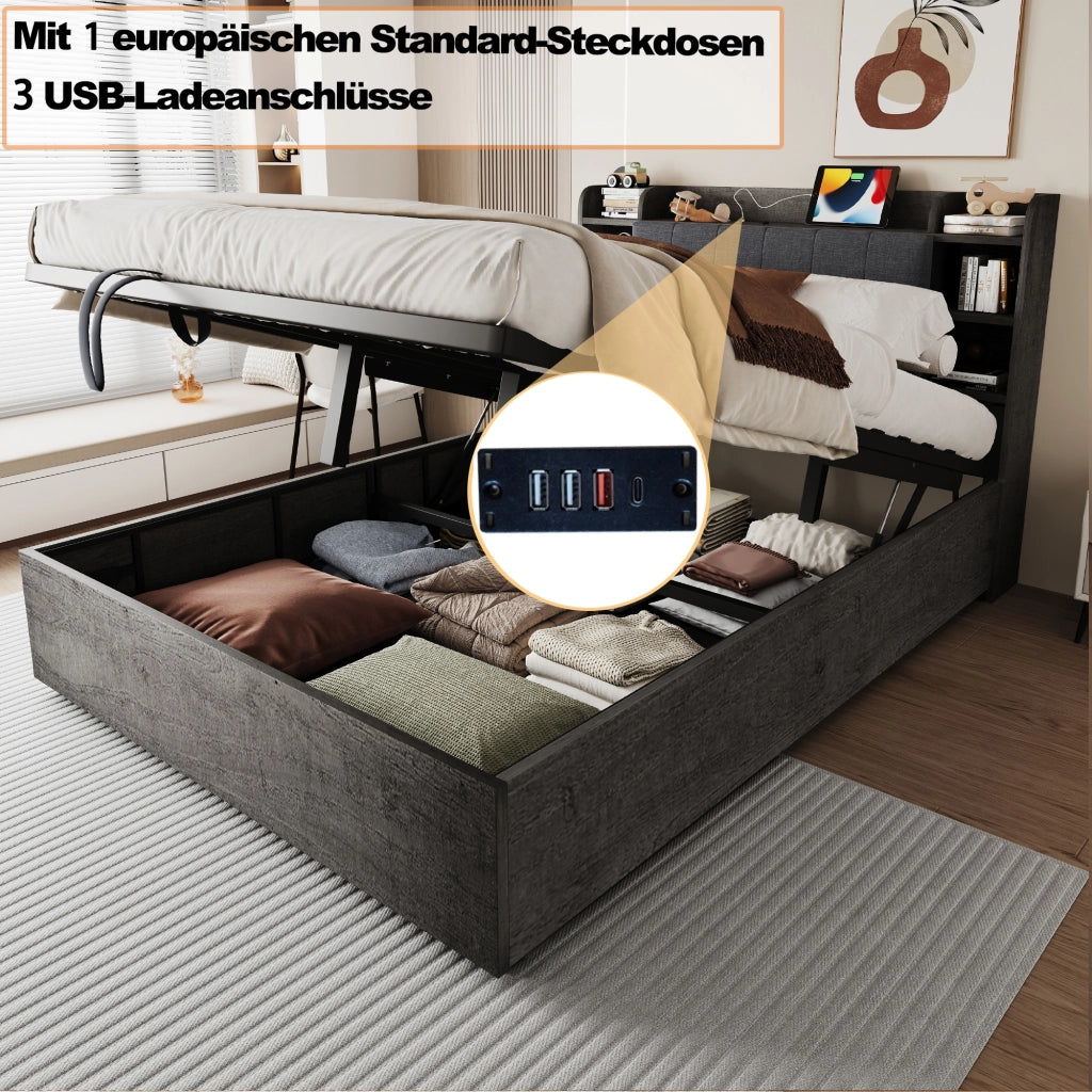Letto contenitore 180 × 200 cm con sollevamento idraulico, USB e Type-C, ripiani, senza materasso, grigio