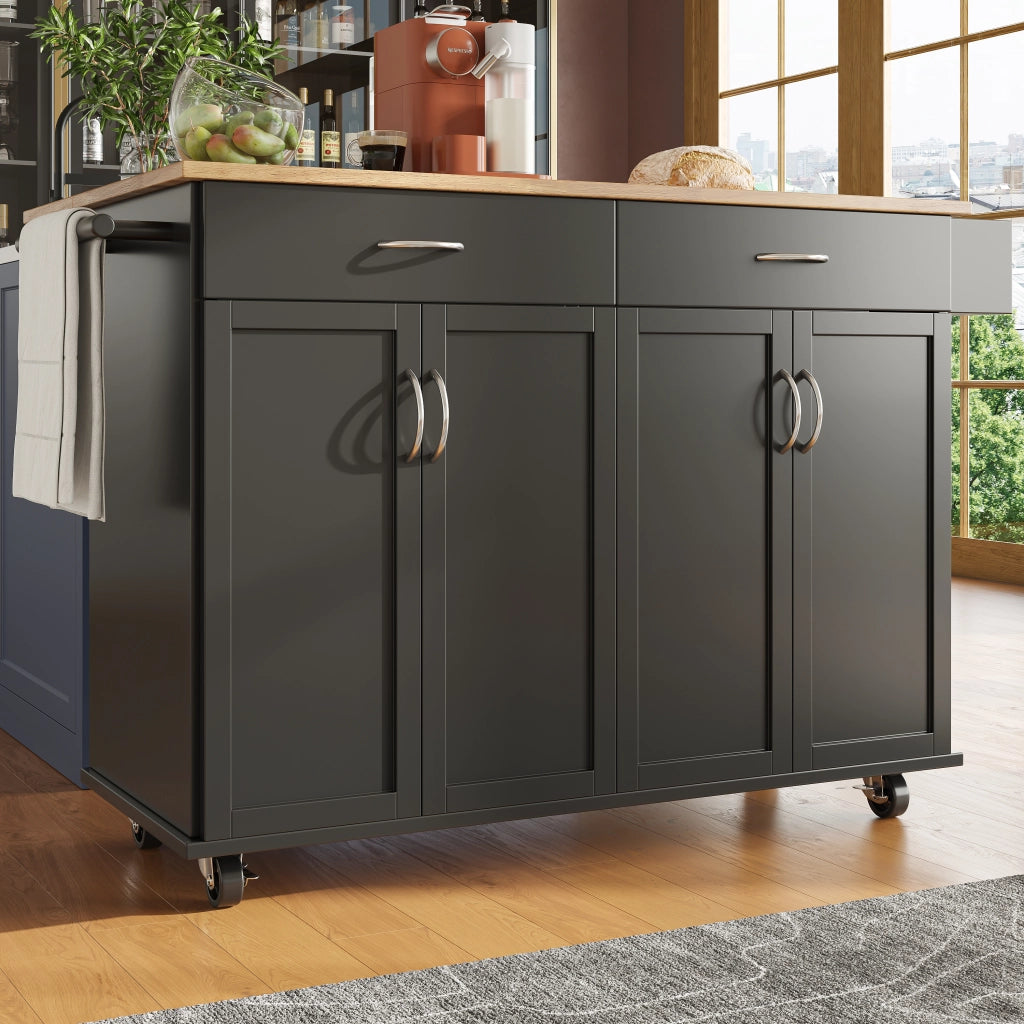 OKWISH Carrello da cucina con 2 cassetti, piano ribaltabile, portaasciugamani e ruote, MDF, 106 x 50 x 90.5 cm, nero